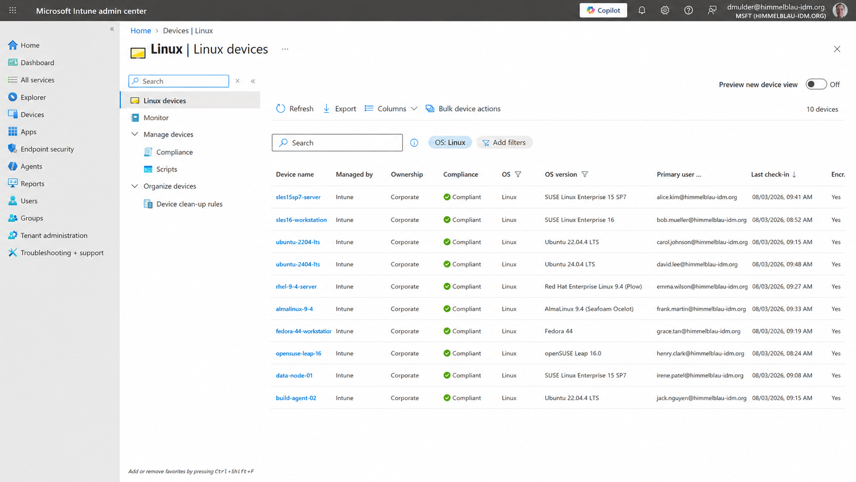 Microsoft Intune admin center showing two openSUSE Linux devices with Compliant status