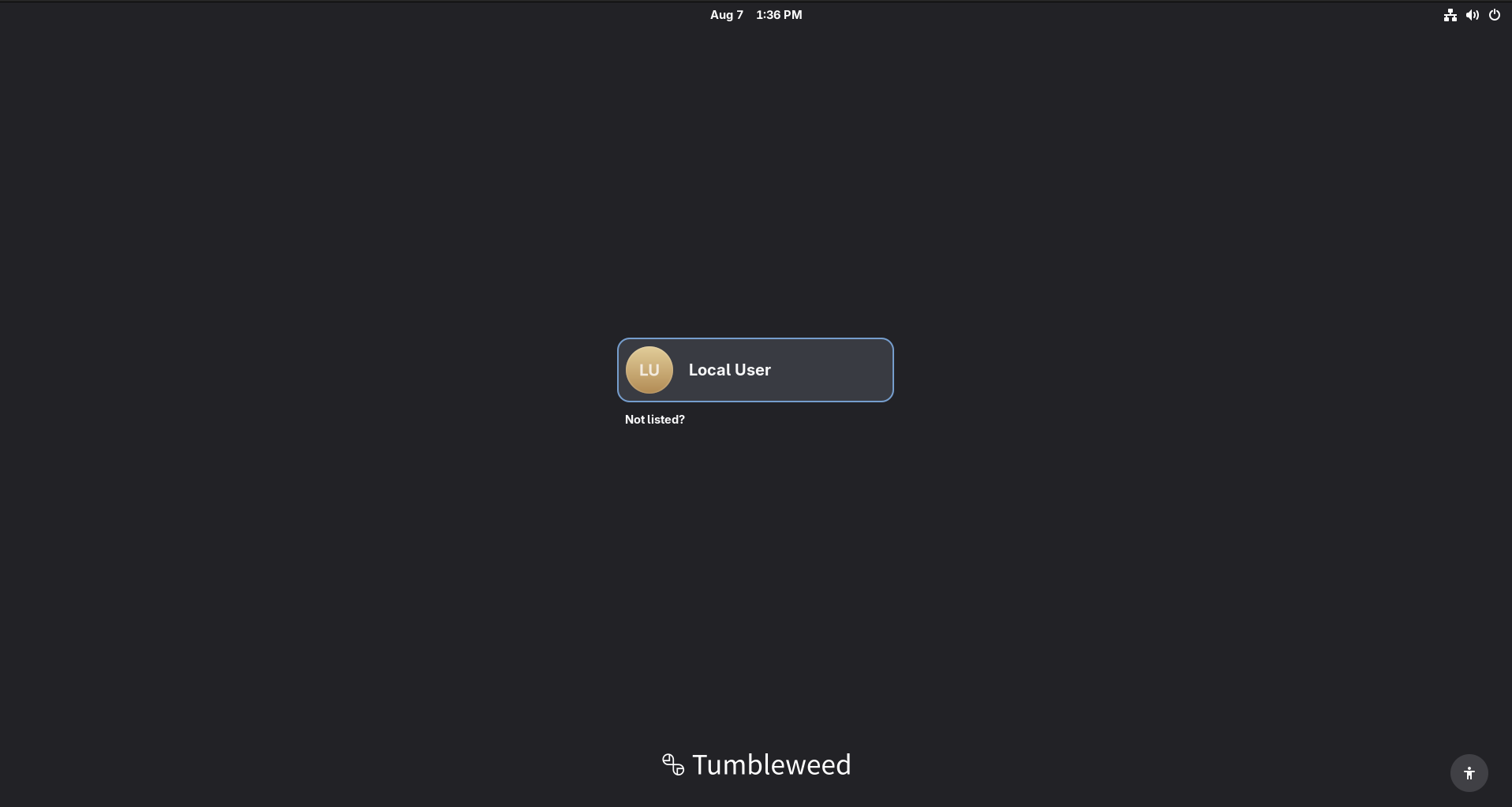 GNOME login screen with a local user and the Not listed option