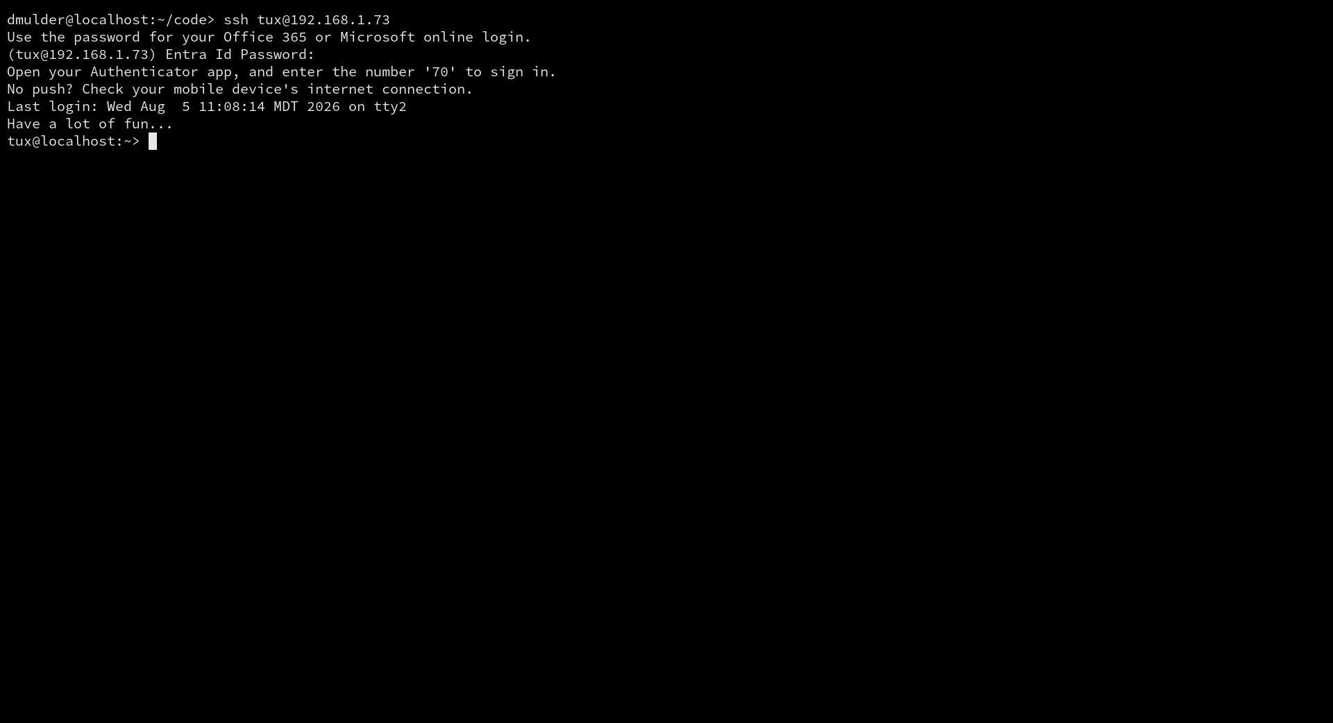 The Entra user successfully signed in to a Linux shell over SSH
