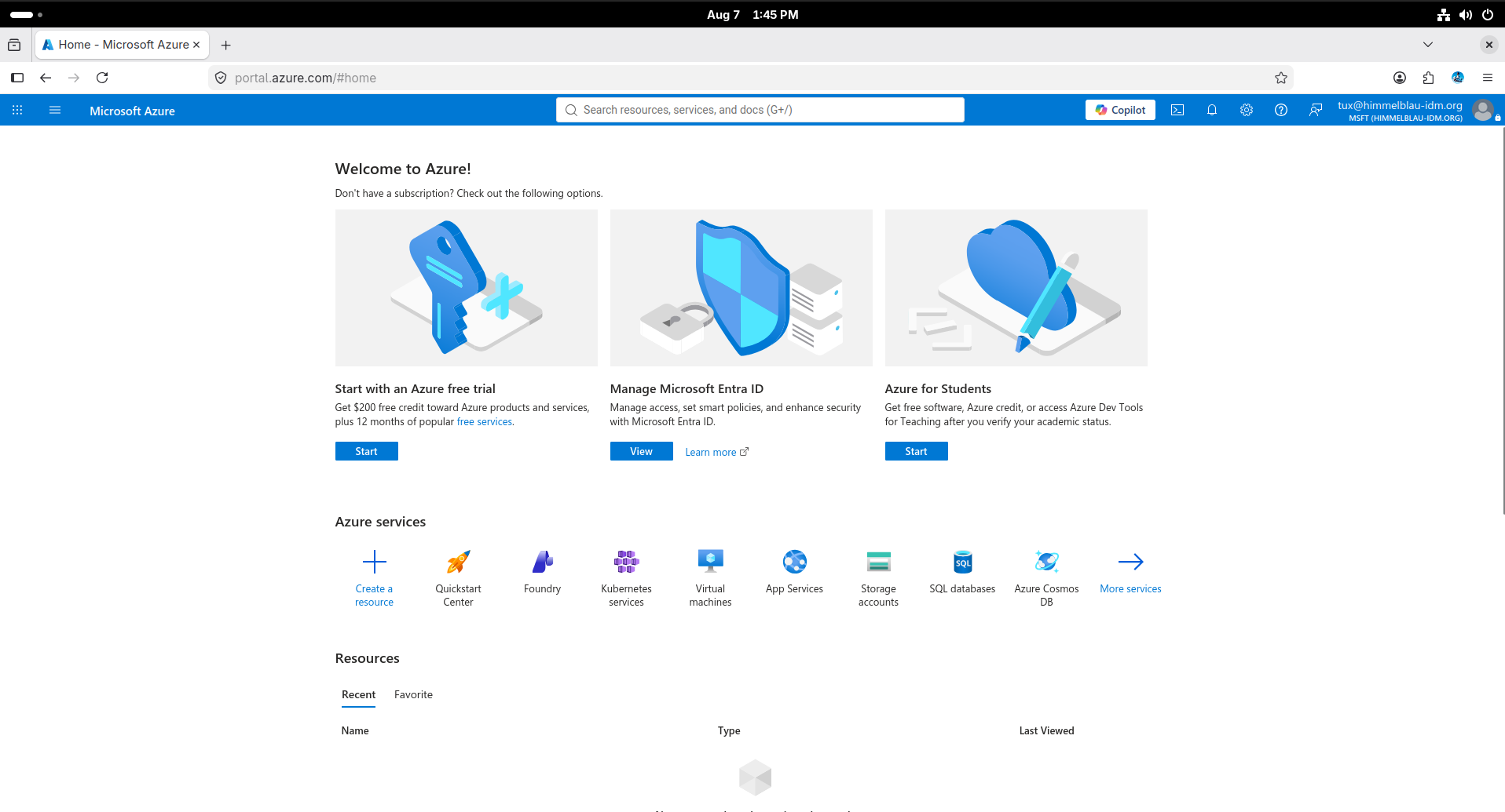Firefox already signed in to the Microsoft Azure portal as the Entra user
