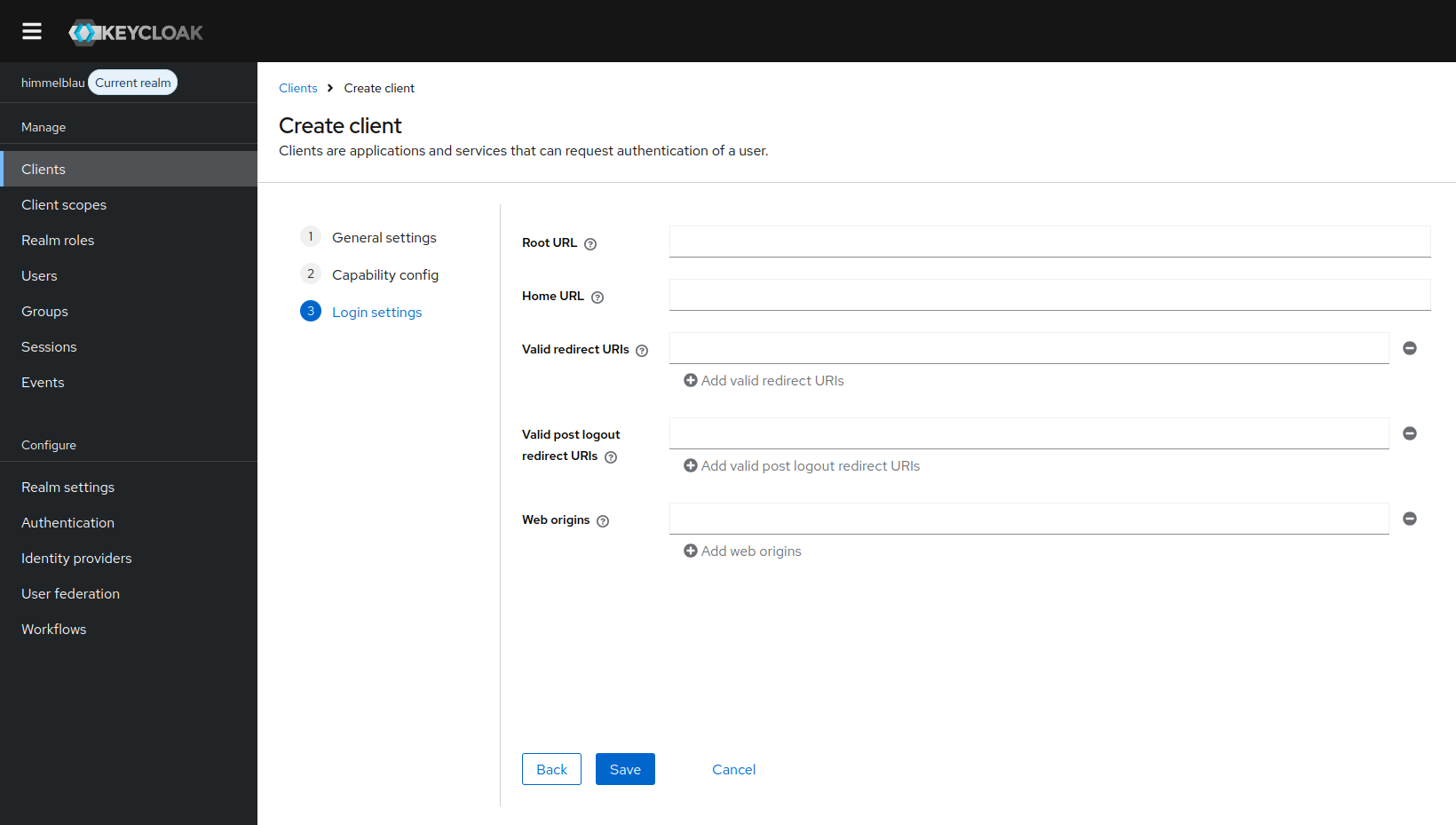 Leave Keycloak client URLs blank