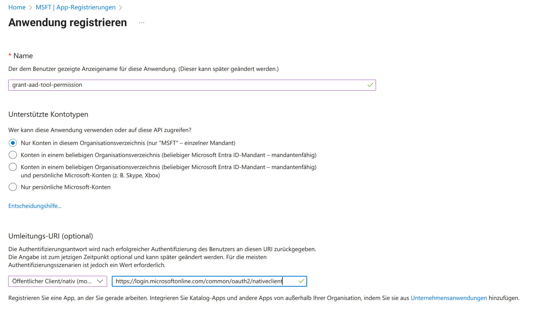App registration values