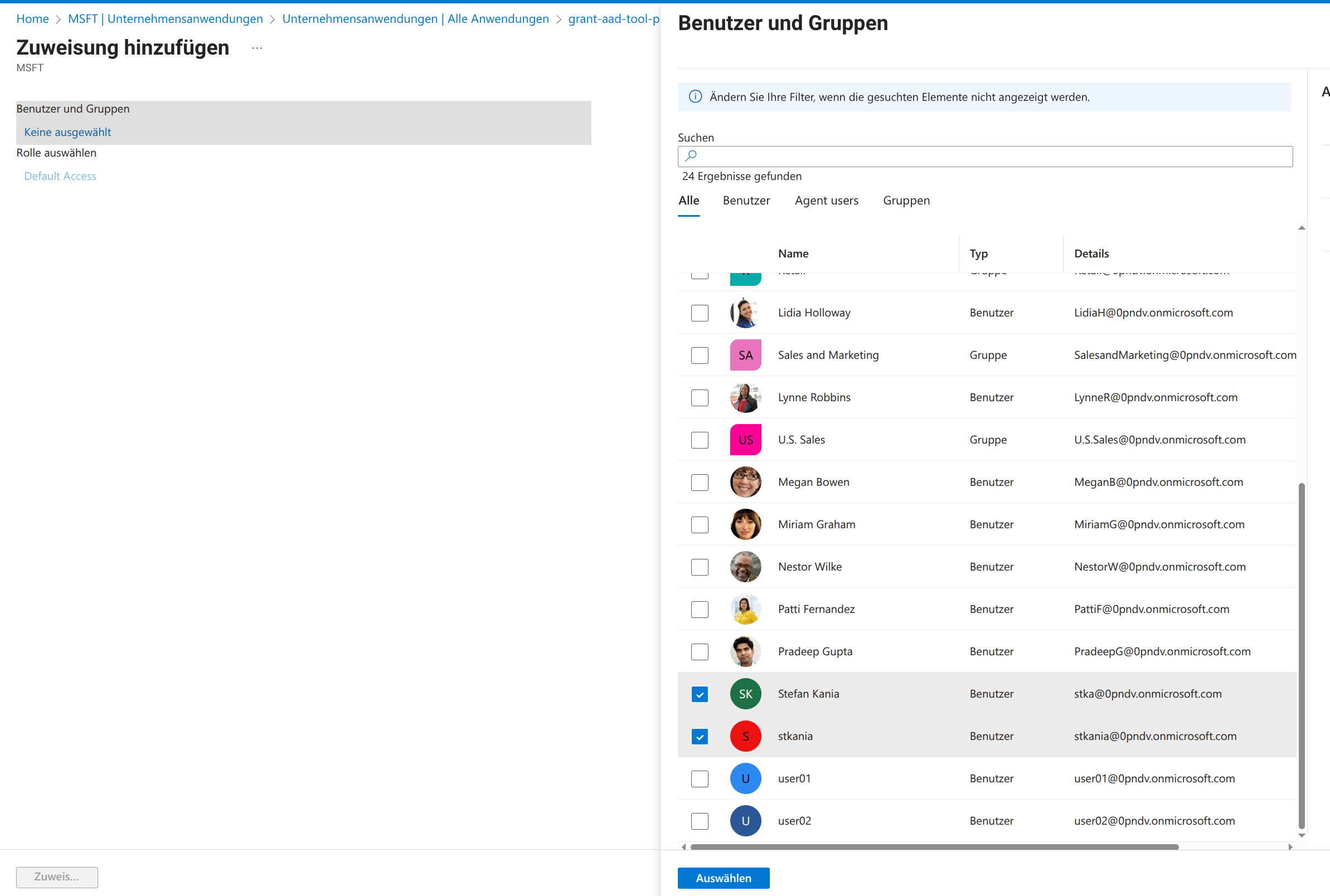User and group selection