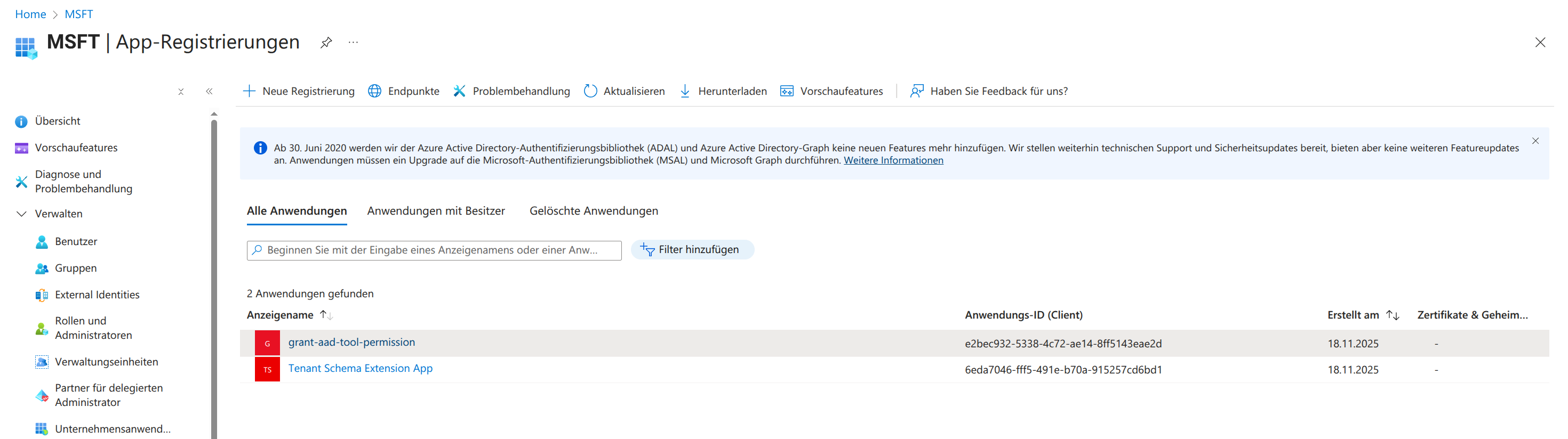 Tenant Schema Extension App registration