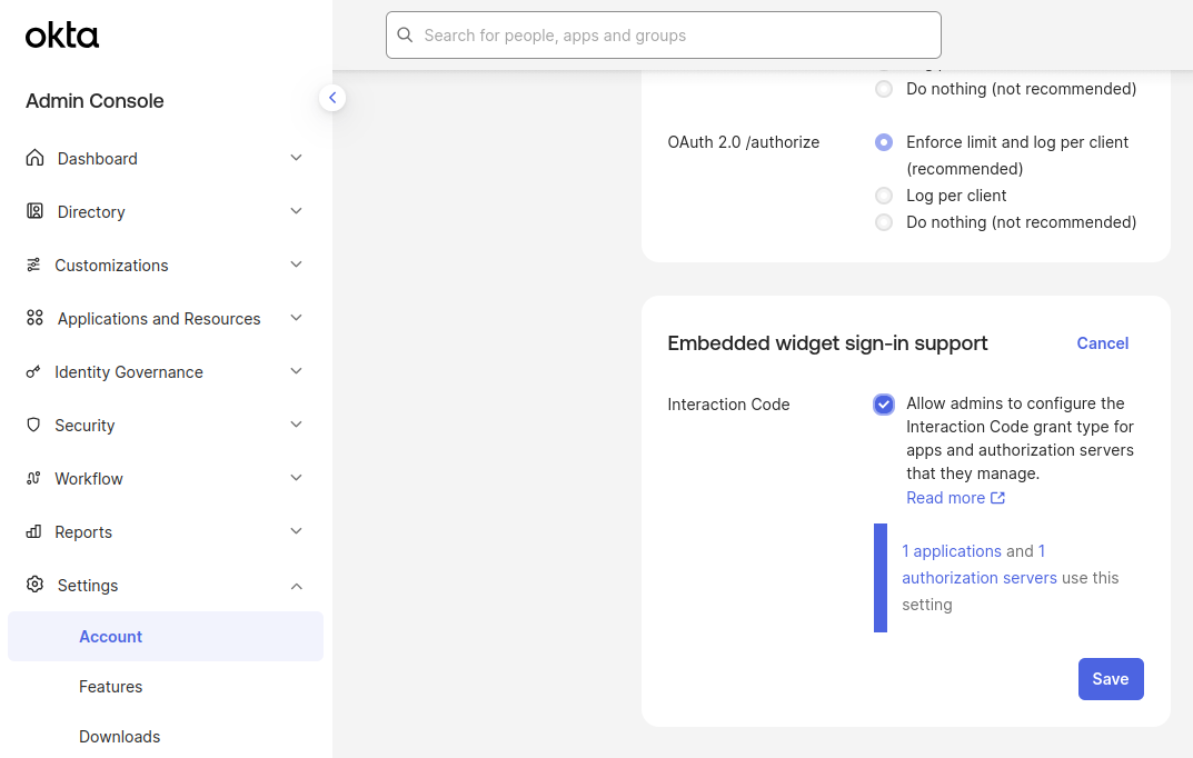 Okta Settings → Account, with Interaction Code selected in Embedded widget sign-in support