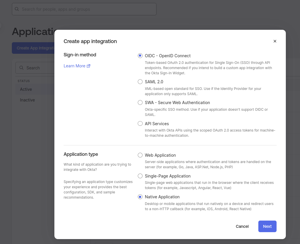 Create app integration dialog with OIDC – OpenID Connect and Native Application selected