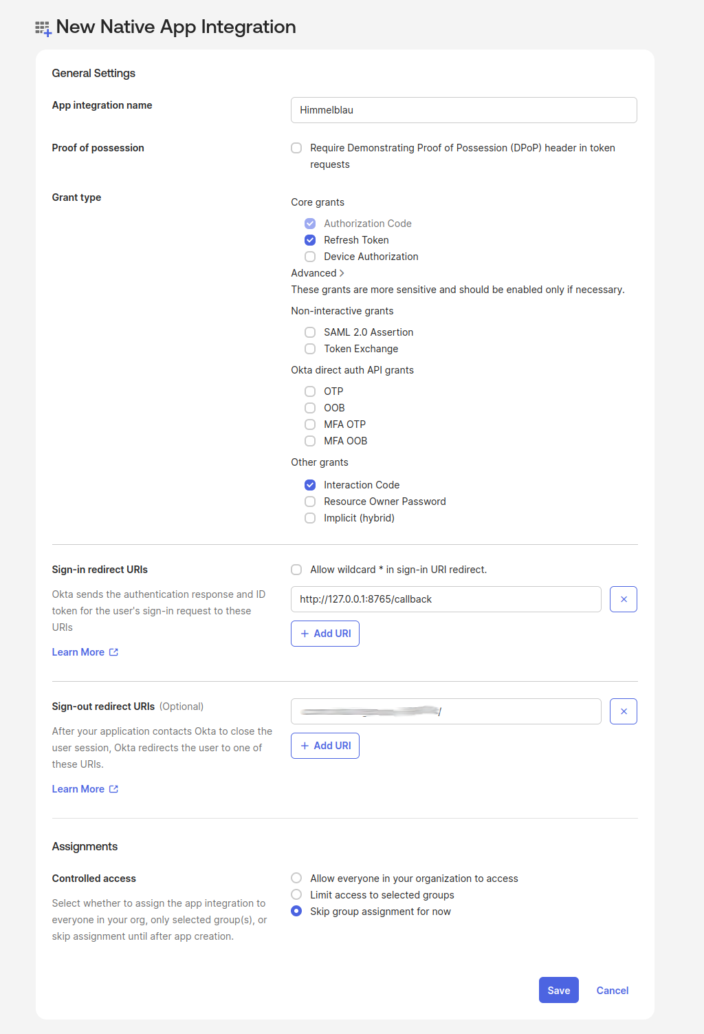 Himmelblau native application with Authorization Code, Refresh Token, and Interaction Code enabled, redirect URI http://127.0.0.1:8765/callback, and group assignment deferred