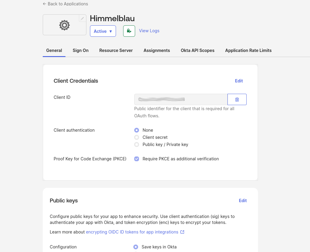 Himmelblau Client Credentials panel with the Client ID obscured, Client authentication set to None, and PKCE required
