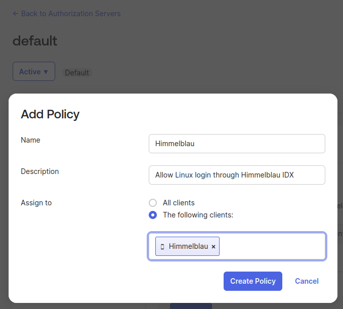 Add Policy dialog naming the policy Himmelblau and assigning it to the Himmelblau client using The following clients