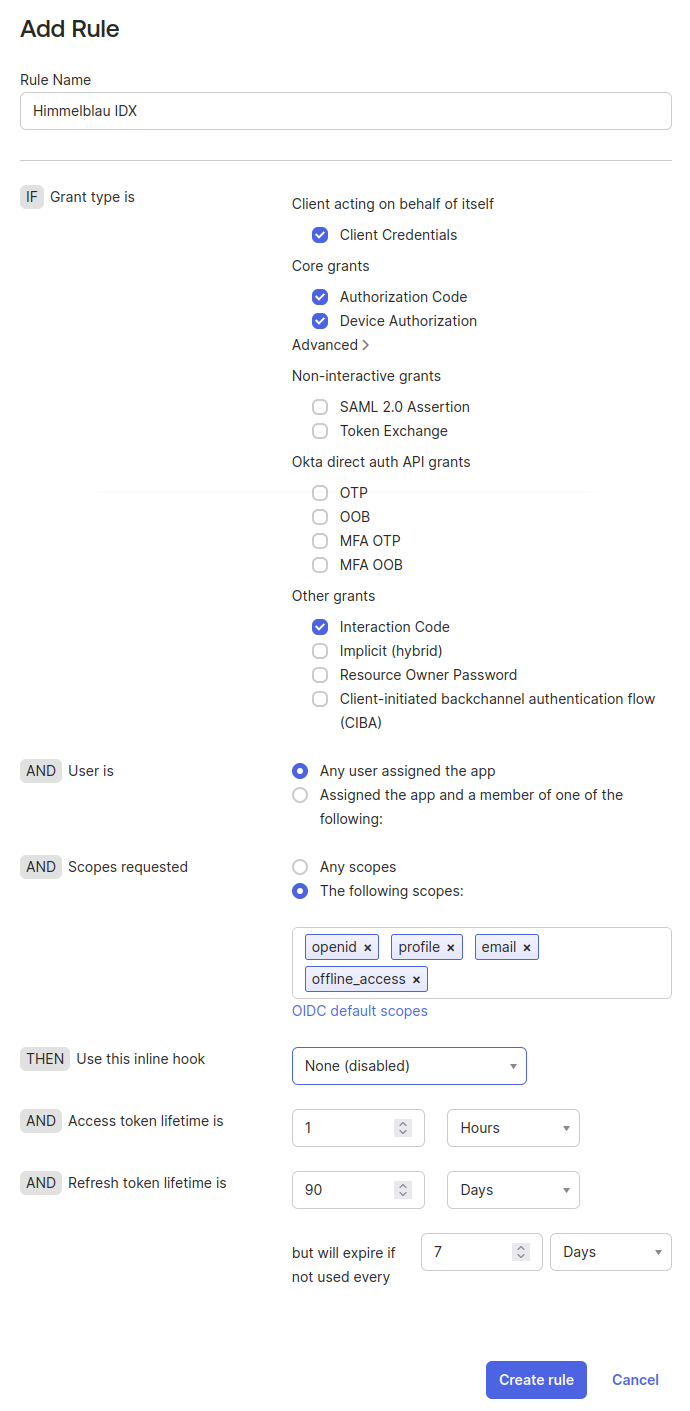 Himmelblau IDX access rule with Interaction Code enabled under Other grants, Any user assigned the app selected, and openid, profile, email, and offline_access scopes listed