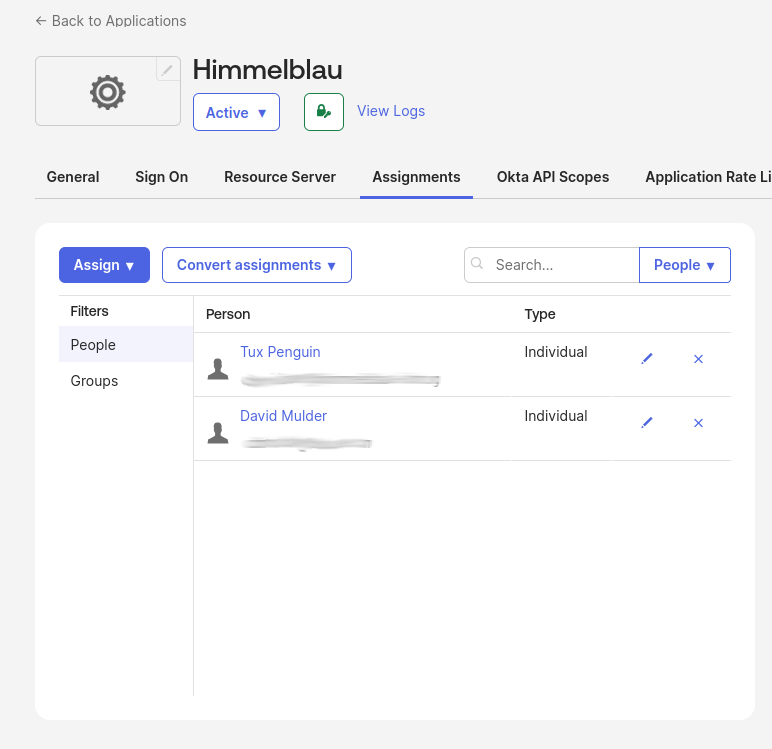 Himmelblau Assignments tab showing two individual assignments, with account identifiers obscured